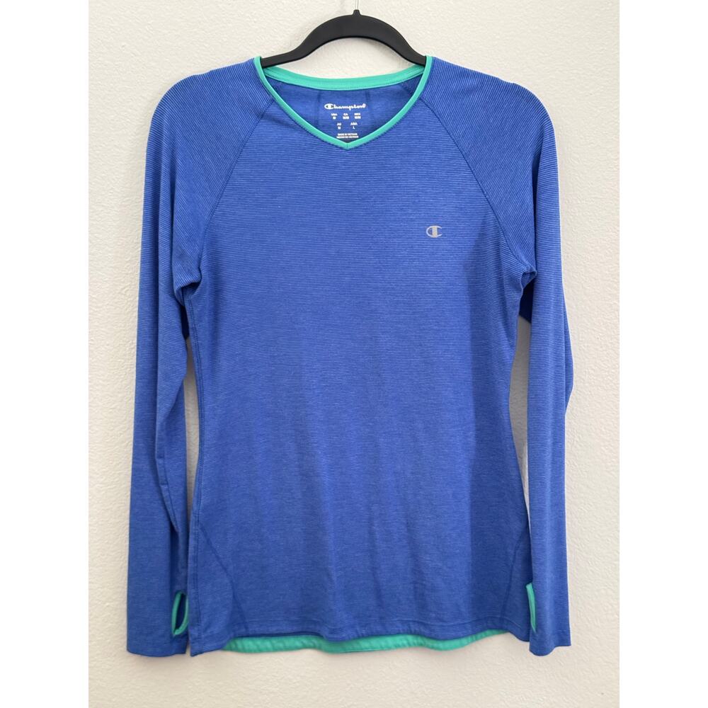 Champion Long Sleeve V Neck Activewear Top Blue / Turquoise Exercise Medium